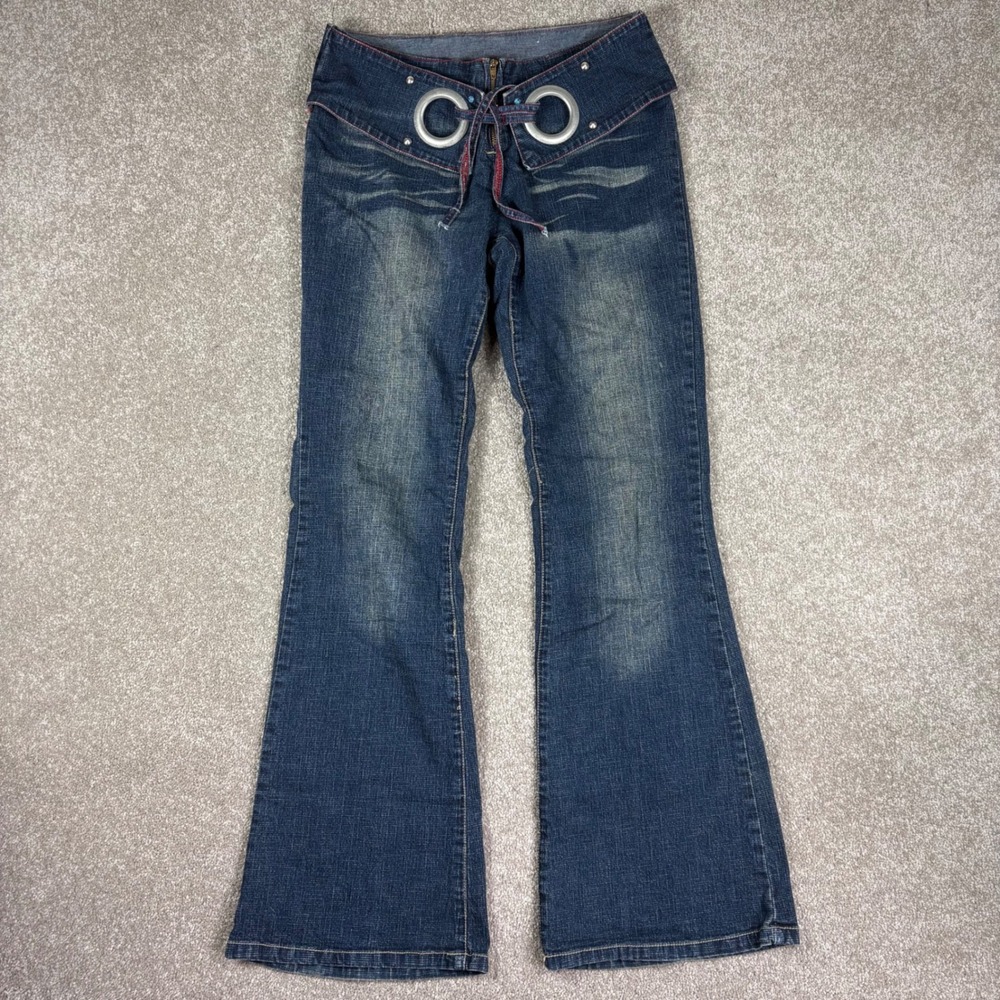 Rave Jeans Y2K Low Rise Flare Grommet Waist Denim Blue Size 5 Vintage
